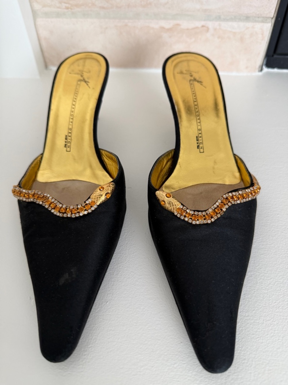 Giuseppe Zanotti Black Satin Pointed Mule Heels with Crystal Snake Trim